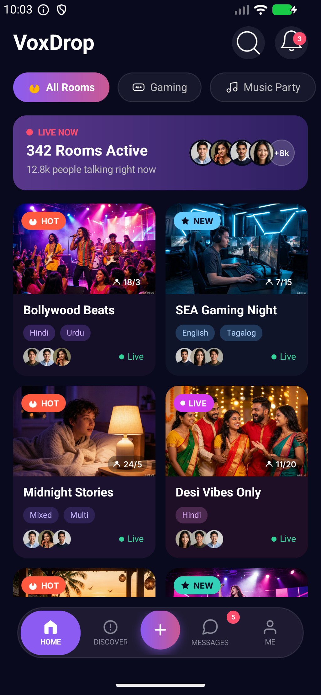 VoxDrop app home screen showing voice rooms for music, gaming, and sharing stories.